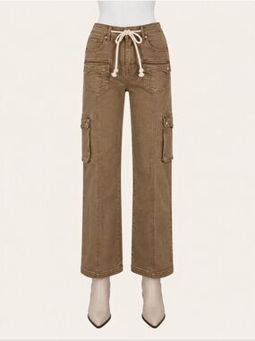 Risen Cocoa Cargo Straight Leg Jeans NWT Size 1/25 Utility Chic Cotton Stretch
